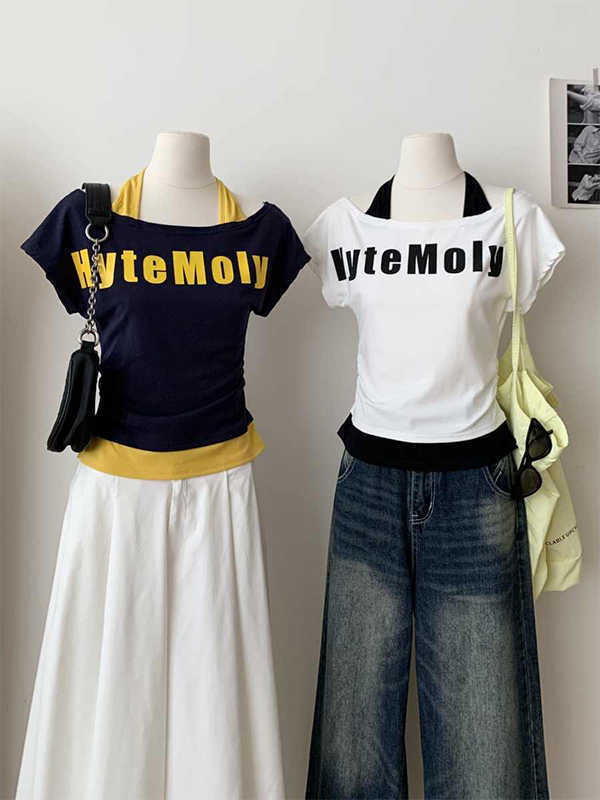 ホットガールワンショルダー半袖Tシャツ女性用2025夏新作フェイクツーピースホルターネックスリムフィットオフショルダートップイン|undefined