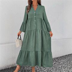 2025春秋欧美跨境新款女装V领长袖多层褶皱宽松拼接肌理连衣裙女