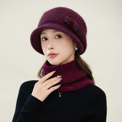 帽子女冬季加绒保暖毛线帽中老年妈妈蝴蝶结盆帽防风御寒围脖套装