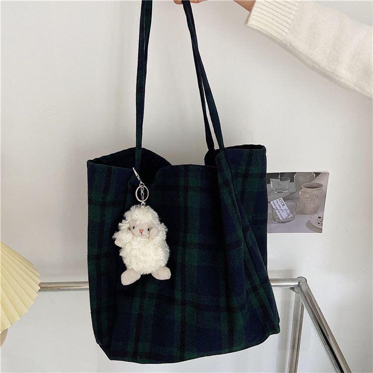 0981 Simple ins checkered woolen single-shoulder bag, hand-held cloth bag, student large-capacity shopping bag, laid-back style women's bag undefined