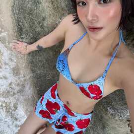 番茄精灵印花抹胸分体泳衣比基尼游泳衣沙滩海边出片泳衣三件套夏