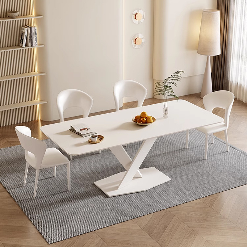 Luz estilo crema francés Enua roca placa mesa de comedor y silla combinación moderna simple hogar mesa de comedor hogar blanco puro rectangular