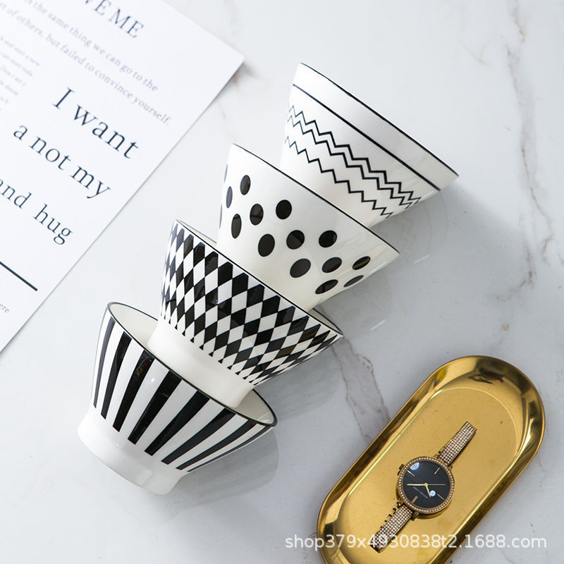 Ins-Style Tableware for Home Use Ceramic 5inch Black and White Small Rice Bowl Ceramic Bowl Ins-Style Tableware for Home Use Ceramic 5inch Black and White Small Rice Bowl Ceramic Bowl
