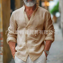 外贸跨境亚马逊男士春秋双排扣立领纯色棉麻休闲衬衣长袖男装衬衫