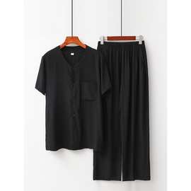 中老年夏季绵绸短袖开衫长裤两件套装爸爸绵绸上衣爷爷人造棉夏装