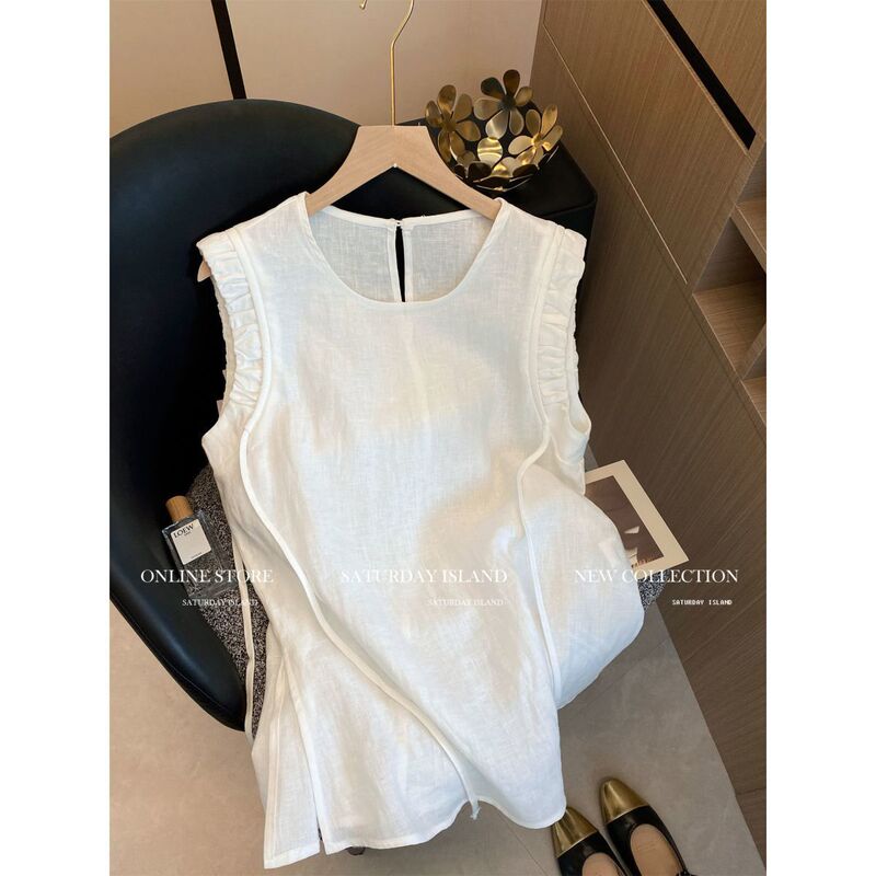 White Design Lace-Up Elastic Round Neck Sleeveless Vest Shirt for Women 2025 New Summer Style Beautiful Top