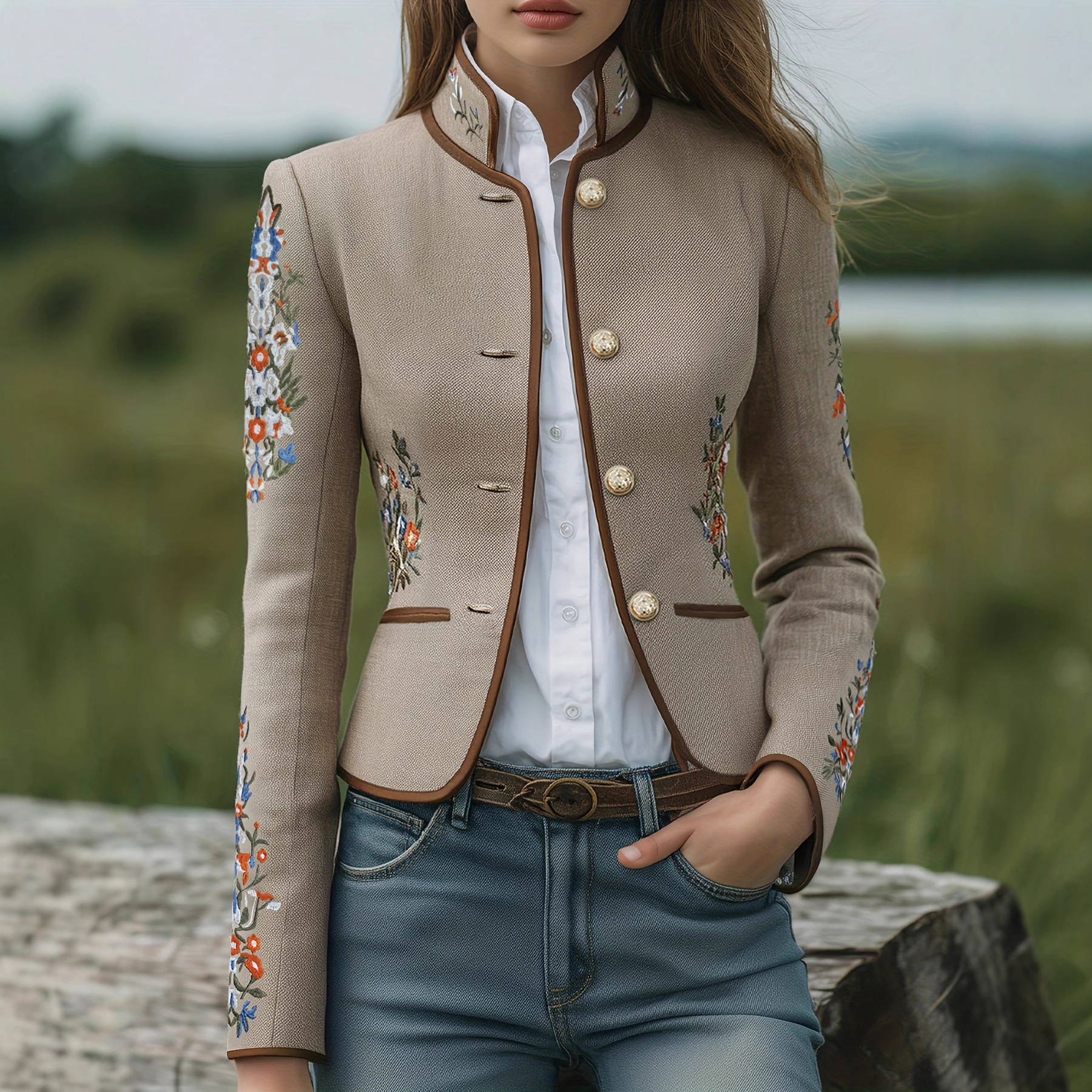 Giacca da donna vintage con colletto alla coreana e ricami floreali a contrasto - Camicia a maniche lunghe slim fit con tasche_voghion.com