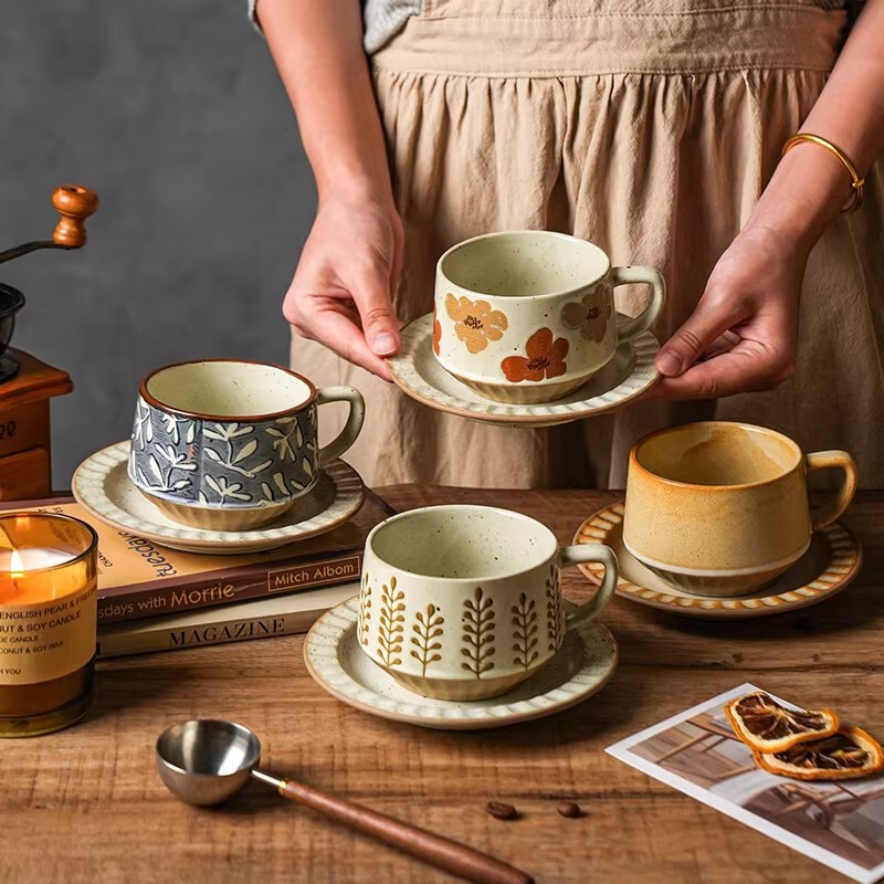 Retro Rustic Ceramic Coffee Cup and Saucer with a High-End Feel, Niche Ceramic Kiln-Fired Coffee Cup with a Unique Design, Practical Gift and Souvenir