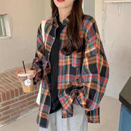 春季韩版港味小个子格纹格子polo领衬衫外套女中长款宽松磨毛衬衣