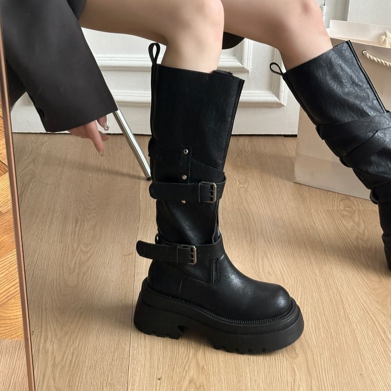 Retro Height-Increasing Thick-Soled Boots, No-Knee Boots, Western Thick-Heeled High Knight Boots, 2025 Winter New Style, French Style for Women Retro Height-Increasing Thick-Soled Boots, No-Knee Boots, Western Thick-Heeled High Knight Boots, 2025 Winter New Style, French Style for Women