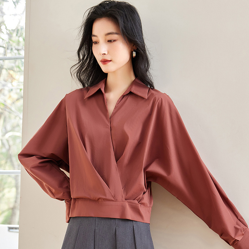 对白法式V领设计感衬衫女2025秋季新款衬衣气质简约别致通勤上衣|undefined