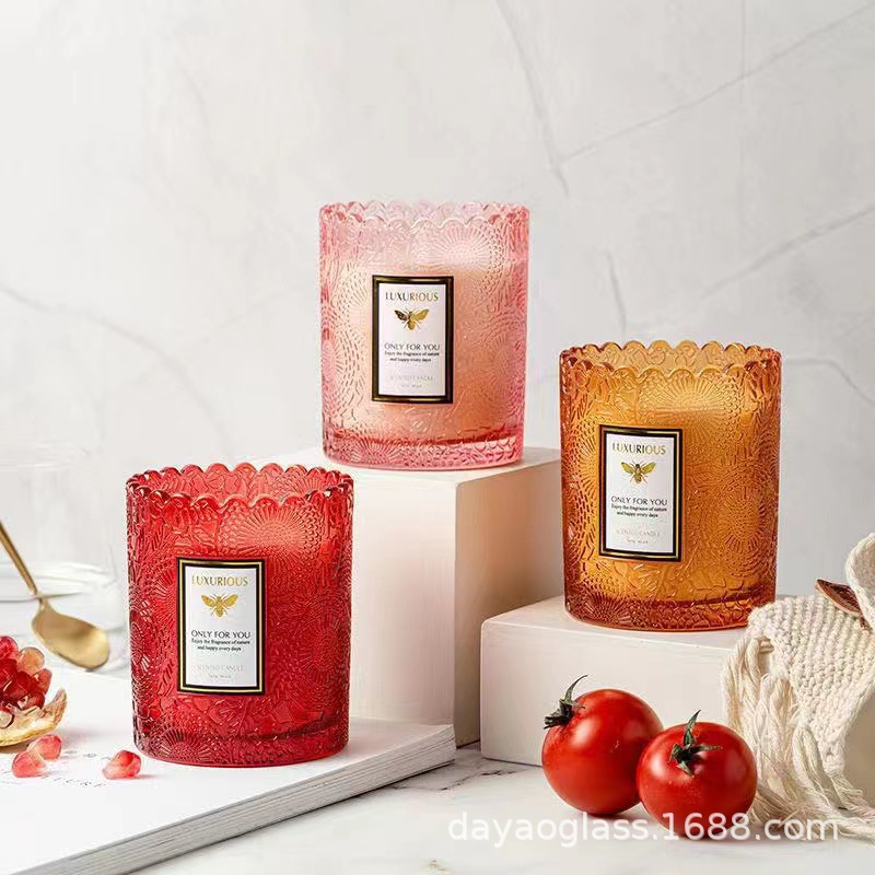 现货浮雕蕾丝花边蜡烛玻璃瓶香薰蜡烛杯香氛伴手礼玻璃容器大豆蜡
