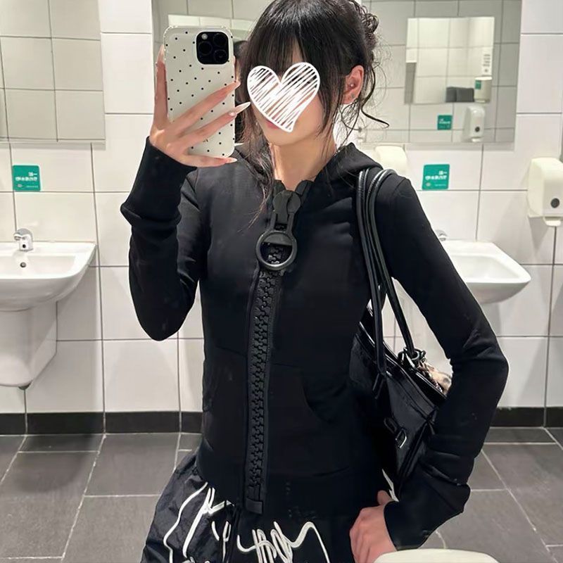 千禧辣妹风大拉链设计感开衫上衣女春秋修身显瘦休闲百搭长袖外套