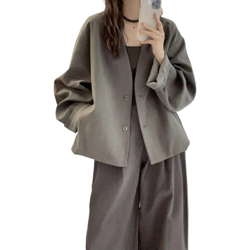 长袖V字领宽松时尚外套女2025秋季英伦风纯色通勤百搭开衫上衣潮|undefined