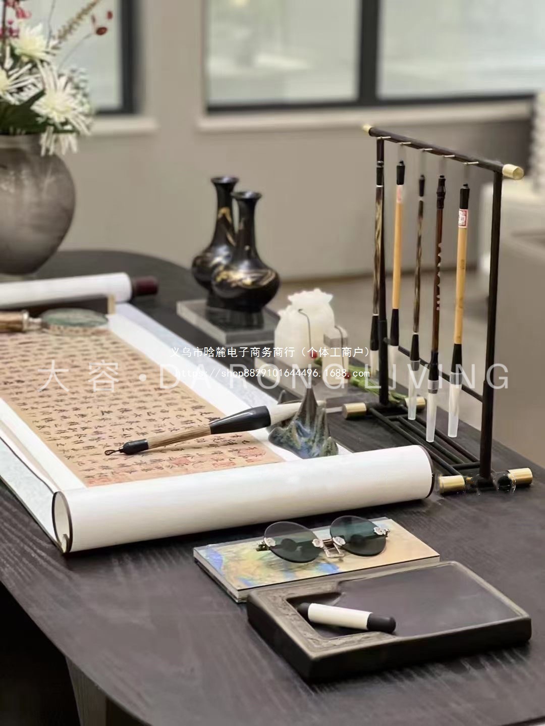 新中式书房书桌书法主题组合套装陈设样板间毛笔笔架卷轴砚台印章