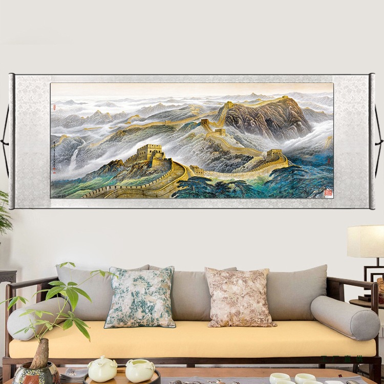 横幅适合西墙的客厅挂画山水卷轴靠山图金山聚宝盆风水风景装饰画