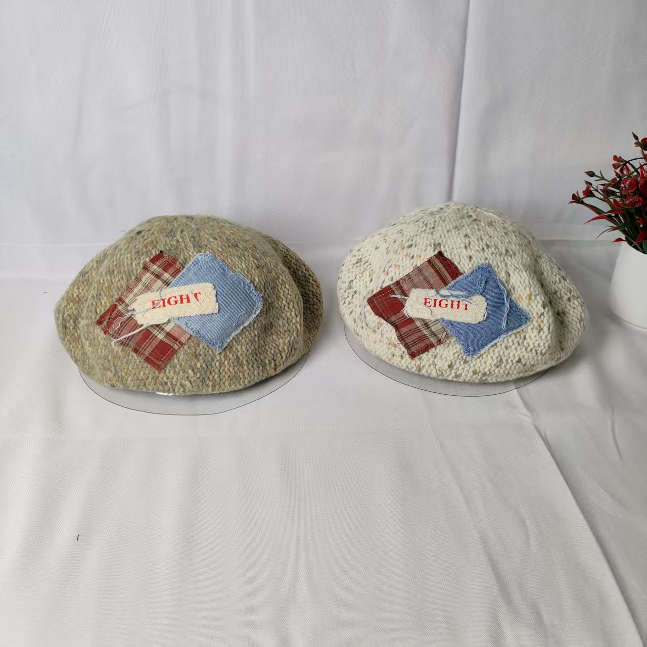 Japanischer Retro Patchwork Strickbarett Damen Herbst Winter_voghion.com