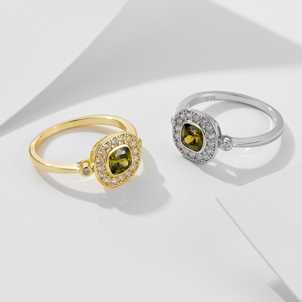 Anillo de circón verde oliva ovalado de plata de ley s925 para mujer, retro europeo y americano, lujo ligero, anillo de cola de dedo índice de alta calidad