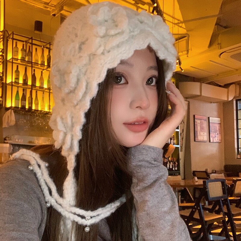 落雪白100纯手工帽子女冬2025新款羊毛流苏毛线帽绑带护耳雷锋帽|undefined