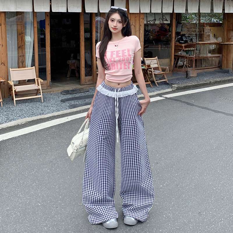 Black Lace Waist Plaid Casual Pants for Women Summer Design Loose Straight Wide Leg Pants Long Pants Jeans for Women