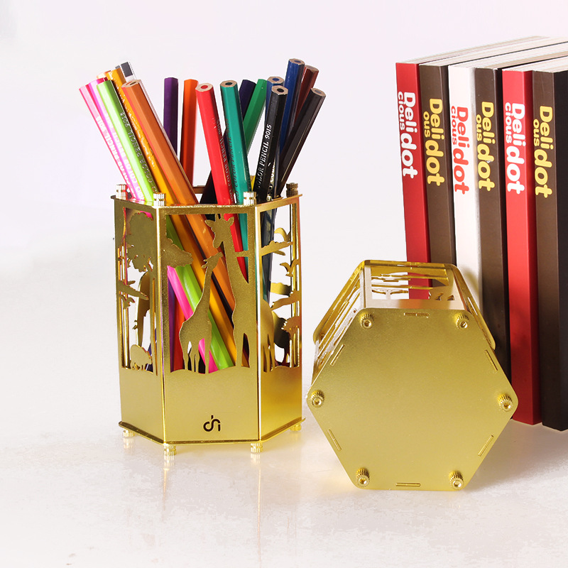 金属铁艺笔筒多边形镂空创意笔筒桌面摆件可拆卸diy儿童益智笔筒