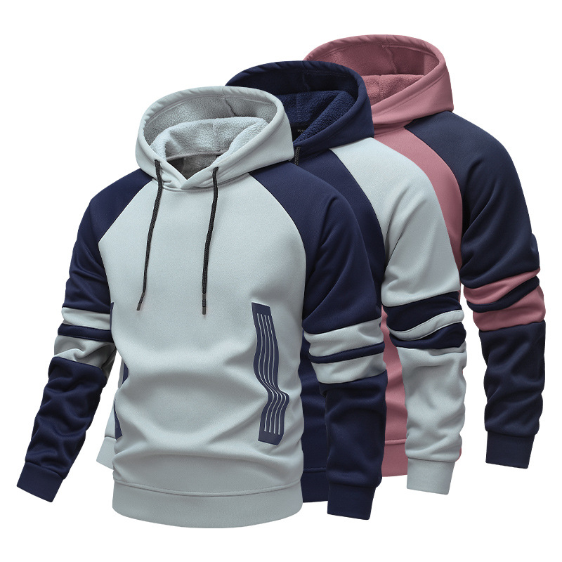 Felpa con cappuccio da uomo con fodera in pile e strisce a contrasto | Vestibilità ampia di ispirazione giapponese | Tessuto antibatterico (grigio, rosa, blu) - Dalla M alla 3XL_voghion.com
