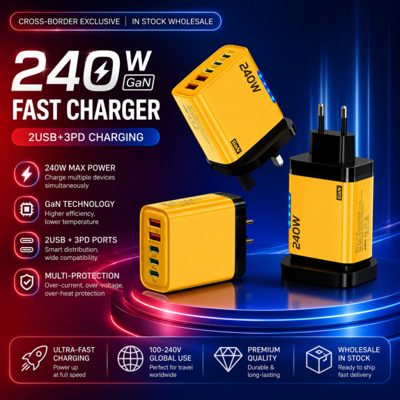 Cross-Border New Product 2Usb+3Pd Multi-Port Charger Suitable for 240W Smart Charging Head with Light, Apple Charging Head Cross-Border New Product 2Usb+3Pd Multi-Port Charger Suitable for 240W Smart Charging Head with Light, Apple Charging Head