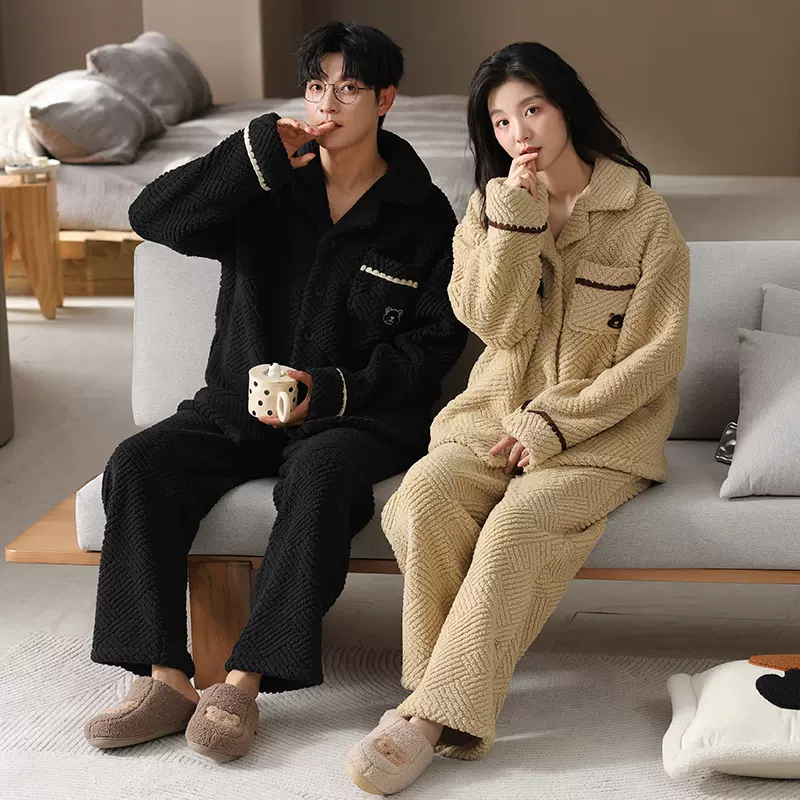 新款冬季情侣睡衣珊瑚绒加绒加厚保暖可外穿法兰绒情侣家居服套装