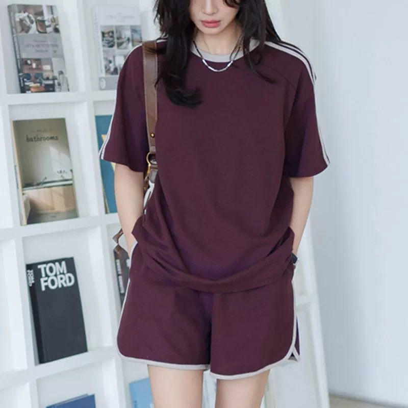 Корейский спортивный костюм соответствующего цвета, женская новая летняя повседневная футболка, шорты с короткими рукавами, модный костюм из двух предметов в полоску