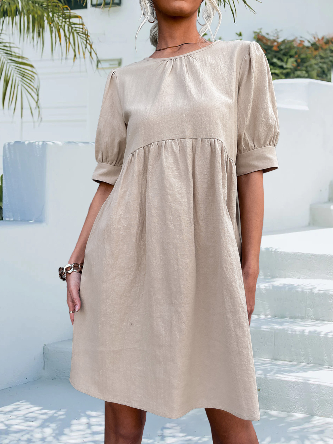 Spring Summer Arrival Solid Color Basic round Neck Button Puff Sleeve Dress