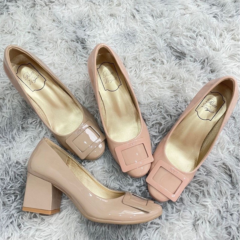 Square Buckle High Heels 6cm Soft Patent Leather Shallow Mouth Women's Slip-On Round Toe Commuting Shoes Mary Jane Retro Style Lightweight