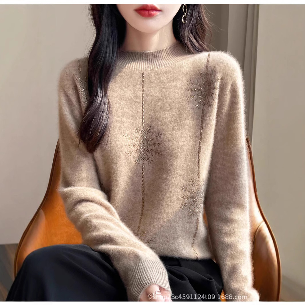 2025 새로운 세미 하이 칼라 모조 다이아몬드 기질 스웨터 여성의 느슨한 풀오버 두꺼운 니트 캐시미어 바닥 스웨터