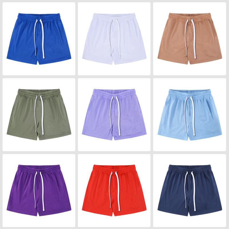 American Solid Color Double Layer Large Mesh Shorts Breathable Loose Print Casual Sports Competition Training Four-point Basketball Pants