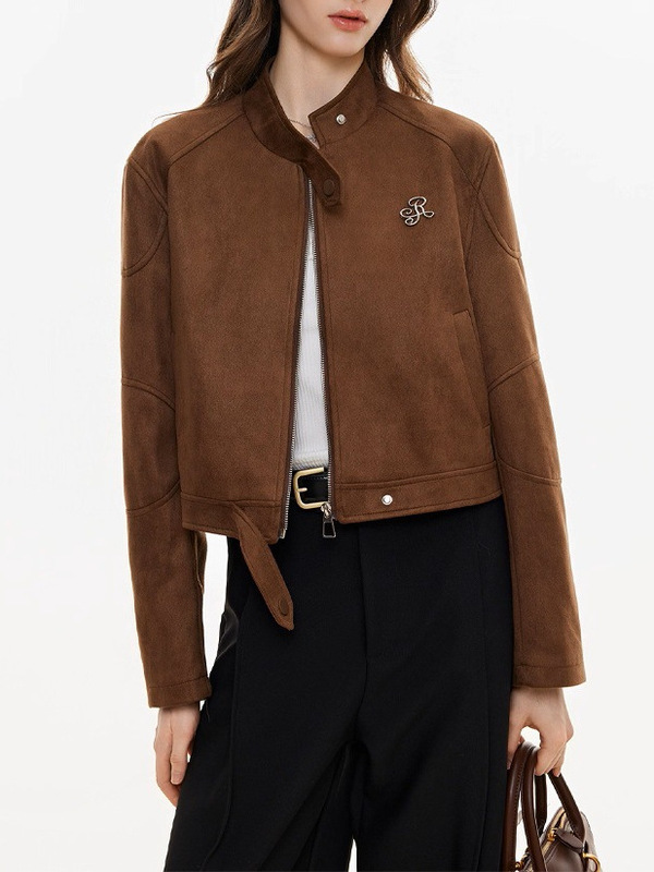 金属标复古麂皮绒外套女春秋新款短款飞行服夹克上衣服|undefined