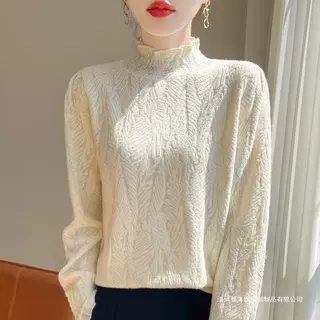 半高领蕾丝打底衫女秋冬新款洋气减龄内搭毛衣精纺羊毛针织衫上衣