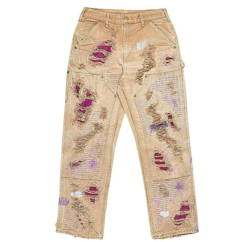 Summer Factory Wholesale Cross-Border Patch Jeans Ripped High Street Fashion Brand Patch Non-Elastic Carpenter Retro Jeans