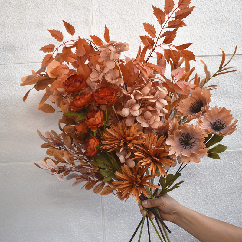 Autumn Color Wedding Artificial Flower Caramel Color Brown Wedding Hall Soft Decoration Artificial Flower Outdoor Wedding Flower Leaves