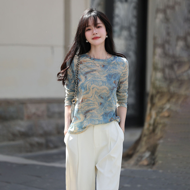 7305 # Trendy Long-Sleeve Tie-Dye Autumn Round Neck Minimalist Print Regular T-Shirt Loose Elegant Base Top for Women 7305 # Trendy Long-Sleeve Tie-Dye Autumn Round Neck Minimalist Print Regular T-Shirt Loose Elegant Base Top for Women