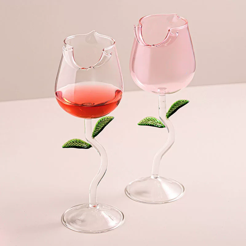 Decorative Wine Glass Creative, Double-Layer Rose Stem, 150–280 ml, Cute Leaf Stem Design