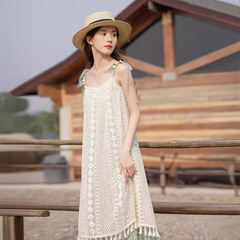 新商品の甘いファッション逸品雲南の少数民族風の夏の綿の亜麻のネットの砂のノースリーブのサスペンダーのスカート