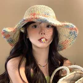 彩色编织草帽女夏季海边度假遮阳防晒帽透气镂空大帽檐显脸小帽子