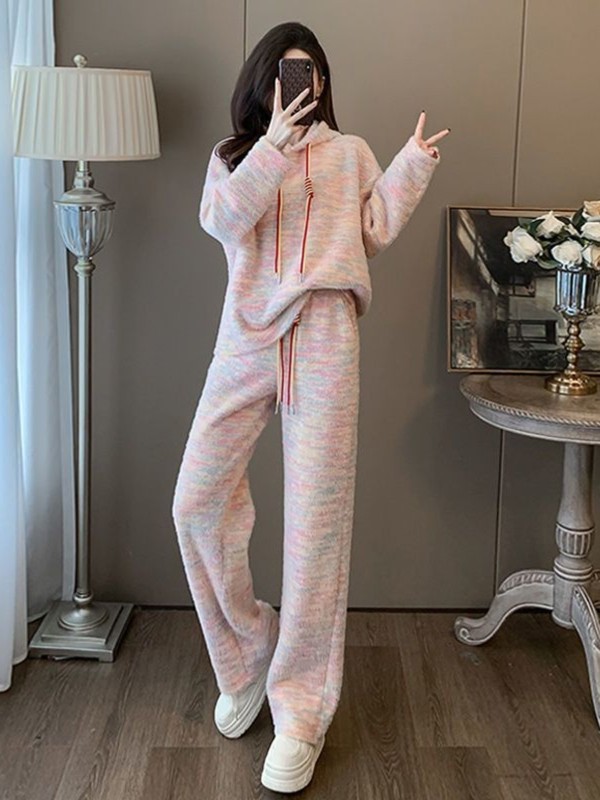 跨境慵懒风休闲运动套装女秋季时尚宽松连帽卫衣高腰阔腿裤两件套|undefined