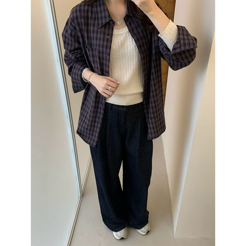 Allo Fu women's plaid shirt, 2026 autumn new collection, versatile long-sleeved plaid shirt with a stand-up collar, thickened fabric, style 32283 Allo Fu women's plaid shirt, 2026 autumn new collection, versatile long-sleeved plaid shirt with a stand-up collar, thickened fabric, style 32283