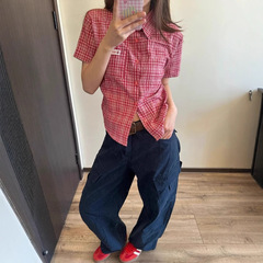 アメリカンチェック柄ショルダー半袖シャツレディース夏新作カレッジスタイルレッドシャツジャケットスリムショートトップ