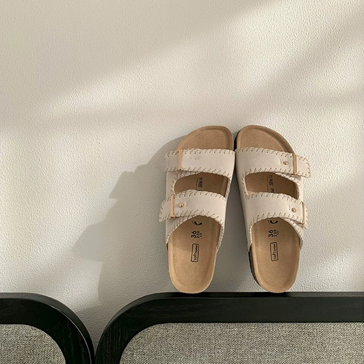 [Sheii Су Инь] Ручная работа ~ Ретро застежка ручной шов толстый фон Birken тапочки женские холодные