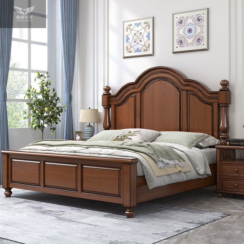 Cama europea de madera troncal dormitorio cama de madera maciza estilo americano campesino toda la madera maciza caja alta cama doble de 1,5 metros cama matrimonial