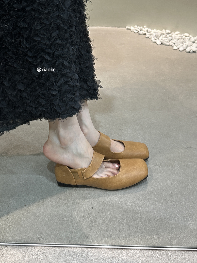 Zapatos individuales Mary Jane retro francés de cabeza cuadrada, suave de una palabra con temperamento plano, brisa nocturna, zapatos de cuero de primavera y otoño, zapatos de noche
