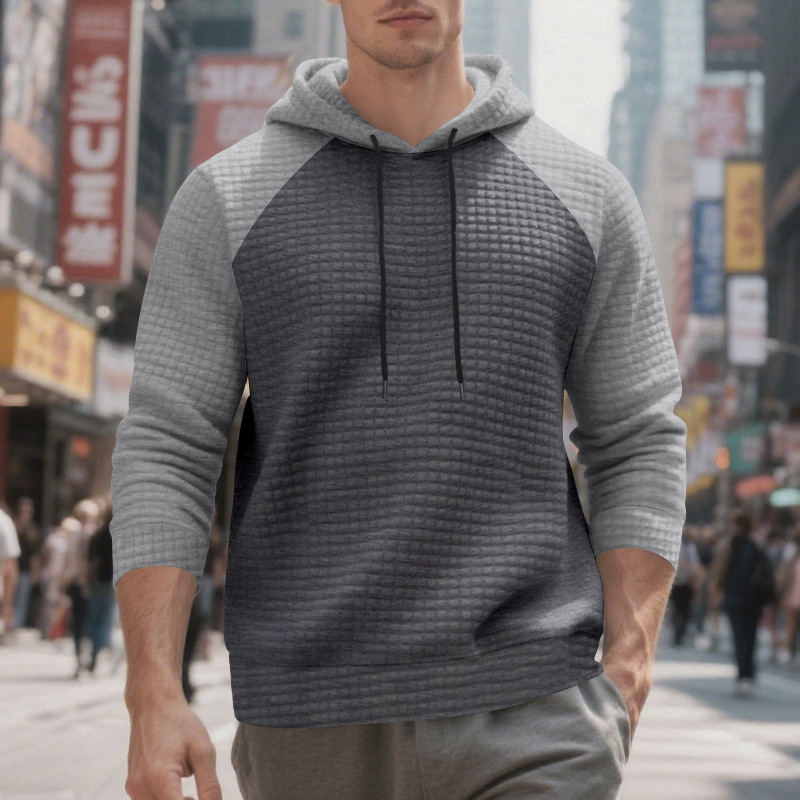 Schweres Kapuzensweatshirt mit Farbblockdesign für Herren, lockere Passform, Pullover mit Kordelzug für lässige Streetwear (Schwarz/Grau, Armeegrün/Beige)_voghion.com