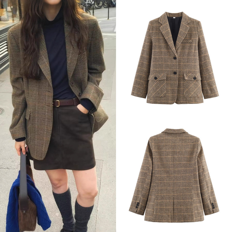 Za Foreign Trade Cross-Border Spot Wholesale European and American Style Women's Autumn Fashion Casual Houndstooth Blazer