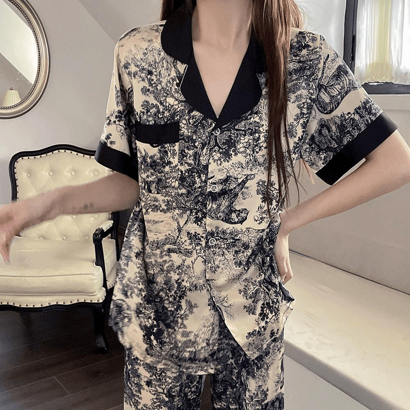 Summer Thin Luxury Ice Silk Short-Sleeved Pajamas for Women New Four-Way Elastic Chinese Style Cardigan Home Wear Set Can Be Worn Outside